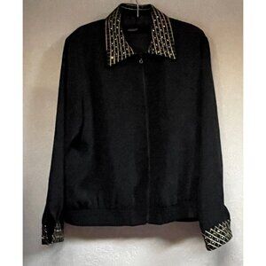 Vintage Saint Germain Black Zip-Front Bomber Jacket Large Embroidered Rhinestone